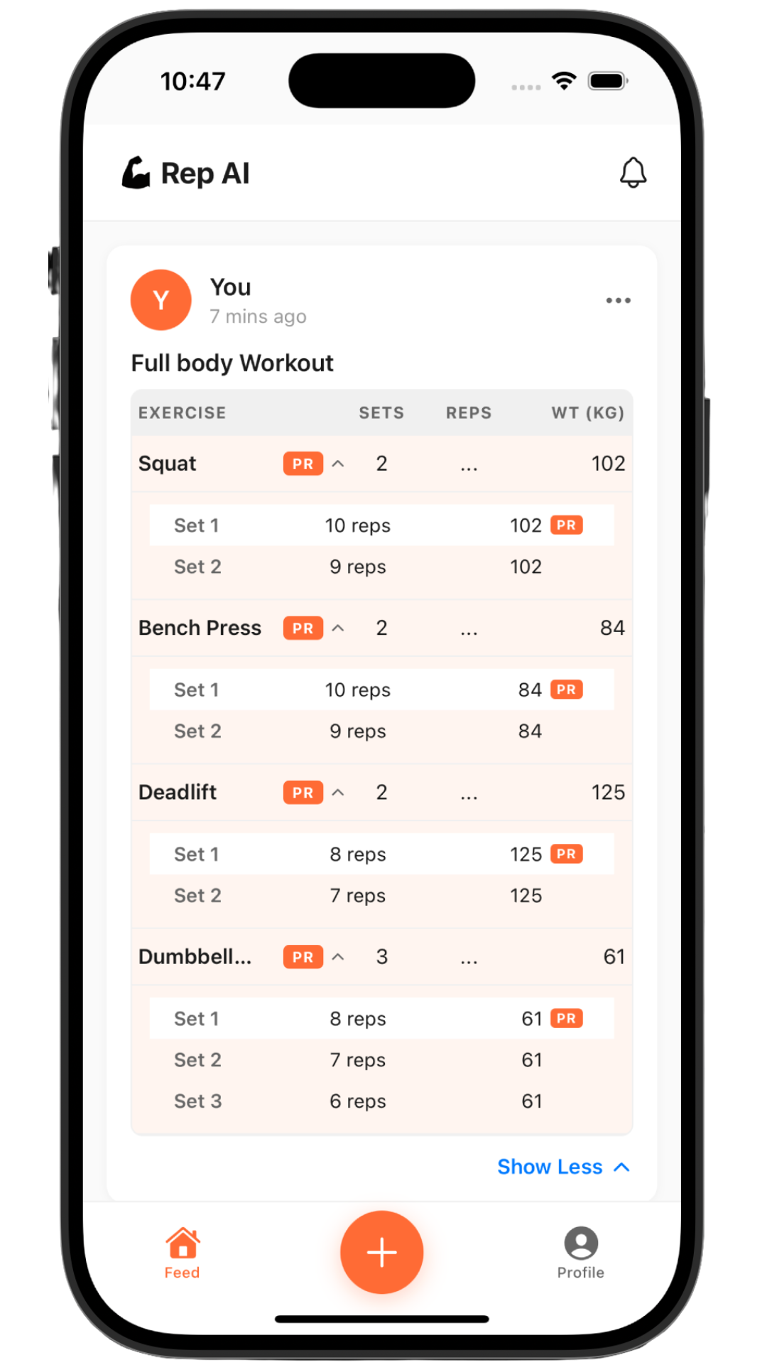 Rep AI structured workout view - automatically parsed with PR detection